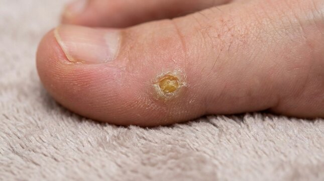 Close up of a painful corn on a human toe