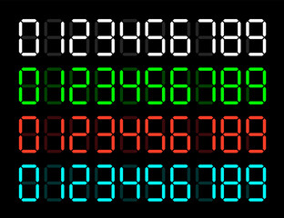 Digital display numbers set in white, blue, green and red colors.  Electronic digits from 0 to 9 for alarm clock or LCD monitor screen.