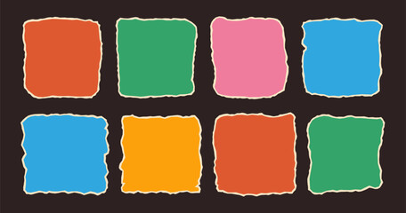 Paper pieces collection with torn edge. Colorful irregular square stickers for collage, text box, banner, etc.