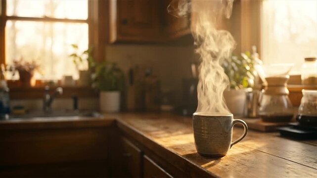 Steaming Ceramic Mug on a Wooden Kitchen Counter in the Warm Golden Light of a Morning Sunrise