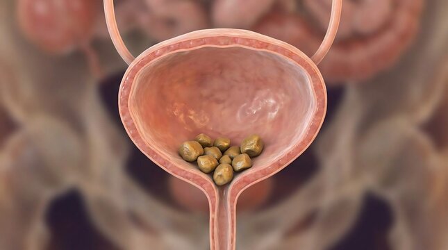 Medical illustration of bladder stones within a human urinary bladder