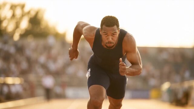 Powerful Muscular Male Sprinter Bursting from Starting Blocks on Track at Sunset; Athletic Performance and Determination