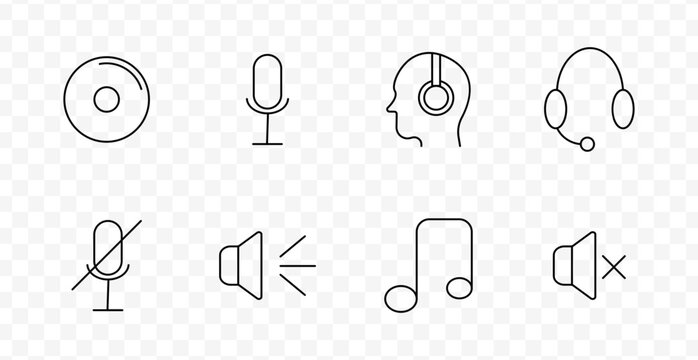 Audio set icon. CD, microphone, head with headset, support headset, muted mic, speaker with waves, music note, muted speaker, all in minimal sound-themed outlines.