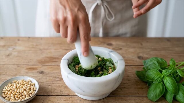 Woman Hands Grinding Fresh Basil and Pine Nuts in a Marble Mortar and Pestle for Homemade Pesto Sauce on a Rustic Wooden Table