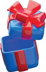 Empty 3D blue gift box with an open lid and a red bow, top view.