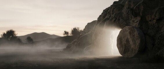 Fototapeta premium The stone rolled away from the empty tomb of Jesus Christ on Easter morning.