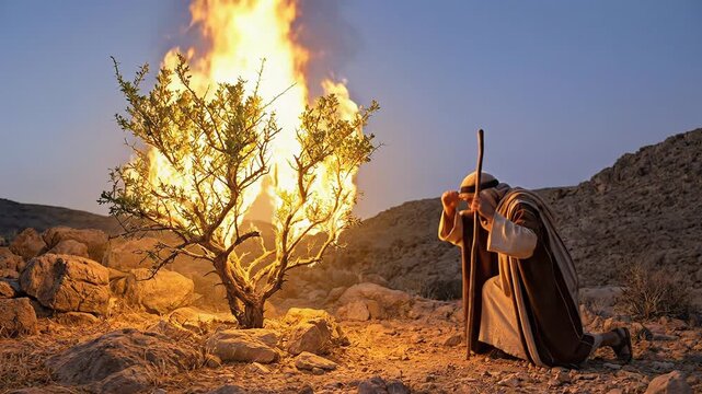 Biblical Prophet Moses Kneeling in Awe before Burning Bush Miracle on Holy Ground in Desert Mountain Depicting Call of God in Exodus Story