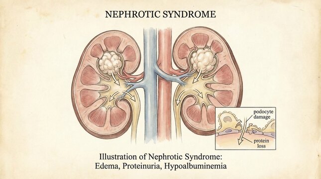 Medical Illustration of Nephrotic Syndrome and Kidney Anatomy