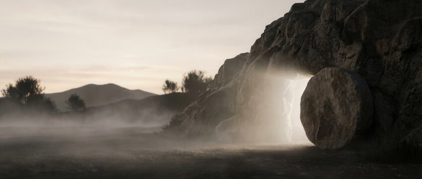 The stone rolled away from the empty tomb of Jesus Christ on Easter morning.