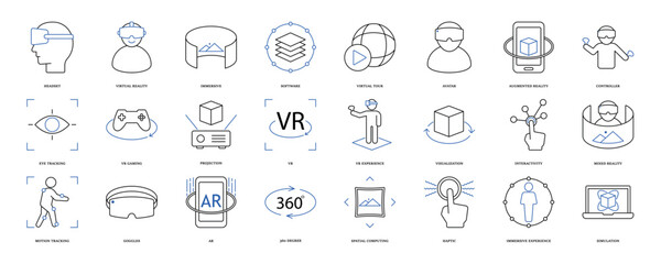 Virtual reality icon set. Containing VR, augmented reality, headset, immersive, mixed reality, AR, VR experience, mixed reality and more. Solid vector icons collection, eps 10.