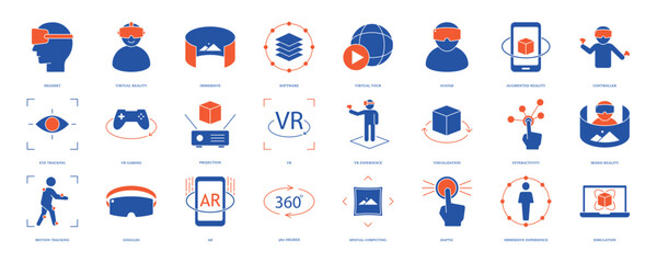 Virtual reality icon set. Containing VR, augmented reality, headset, immersive, mixed reality, AR, VR experience, mixed reality and more. Solid vector icons collection, eps 10.