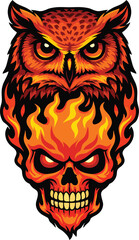 Fire owl skull mascot vector with flaming skull face, aggressive owl head illustration, dark fantasy gothic mascot design for gaming logo, t-shirt print, and tattoo artwork