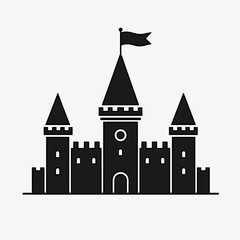 Obraz premium Black silhouette of a castle with flags on top of towers, symbolizing medieval architecture and fairy tales, useful for concepts in storytelling or children's themes.
