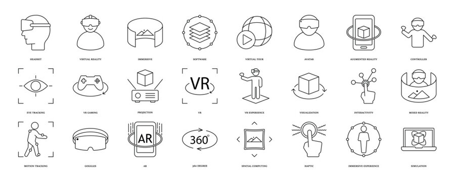 Virtual reality icon set. Containing VR, augmented reality, headset, immersive, mixed reality, AR, VR experience, mixed reality and more. Solid vector icons collection, eps 10.