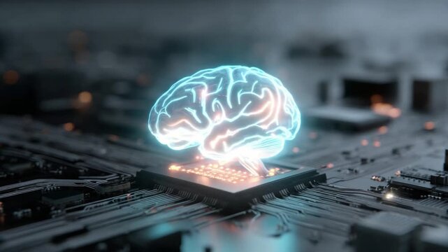 Brain-Computer Interface: An illuminated digital brain, symbolizing the future of advanced technology and cognitive innovation, hovering over a microchip, representing the fusion of mind and machine.