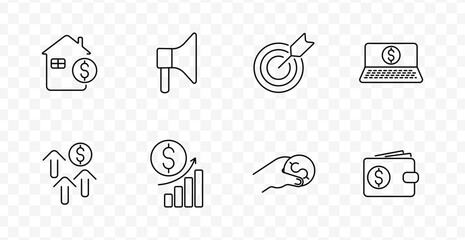 Fototapeta premium Finance business set icon. House, megaphone, target, laptop, chart, coin, wallet, payment drawn in outlined style with dollar symbols on transparent background