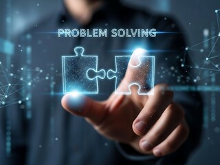 Fototapeta premium Man solving puzzle pieces in a digital problem solving environment