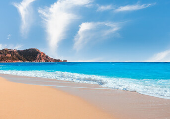 Fototapeta premium Panorama of most beaituful attraction Cleopatra beach in Alanya with blue sea and clean sand - Alanya peninsula, Antalya
