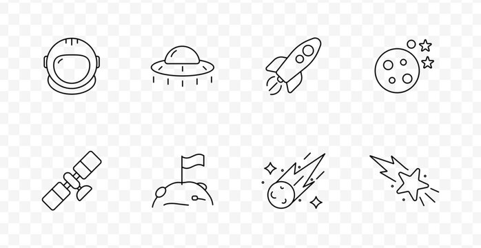 Space exploration set icon. Astronaut helmet, UFO, rocket, moon, satellite, flag on surface, meteor, star with trail in minimal outer space line style.
