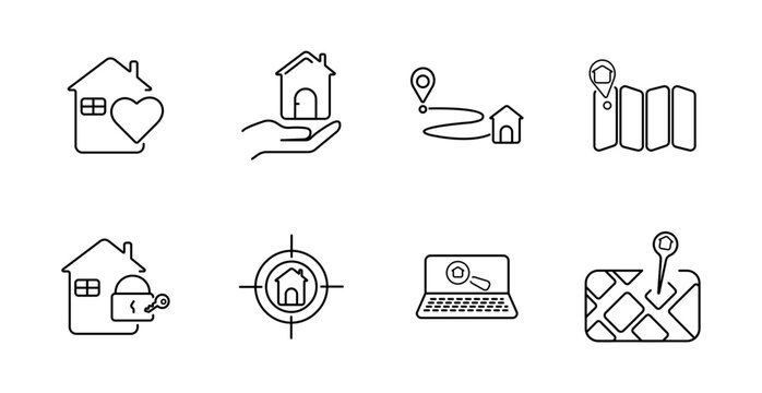 Real estate and property set icon. House with heart, hand with house, location path, folded map, locked house, house in focus, laptop search, map pin