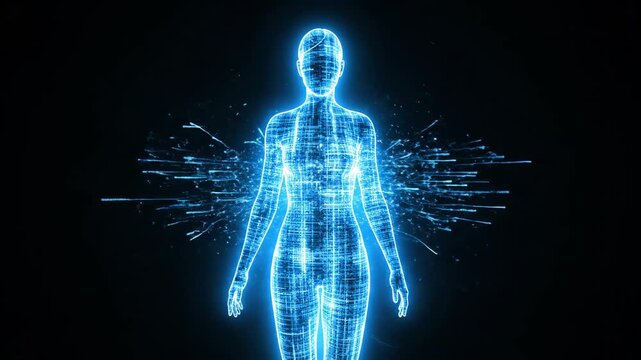 Digital blue wireframe female body materializes and radiates data particles outwards in an abstract technology loop.