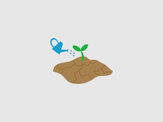 An illustration of a blue watering can hydrating a green sprout on cracked