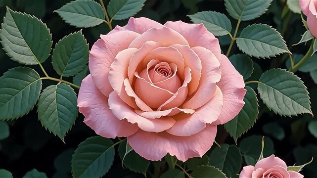 Spiritual flower spinning in neon colors concept. A vibrant, swirling rose in shades of pink, surrounded by lush green foliage.