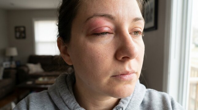 Adult Female Suffering from Painful Inflamed Eye Infection