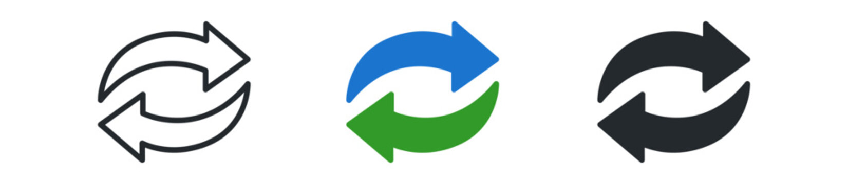 Three distinct refresh symbols, representing data synchronization with varied colors: black, blue, and green.