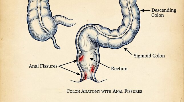 Medical Illustration of Human Colon Anatomy Showing Anal Fissures