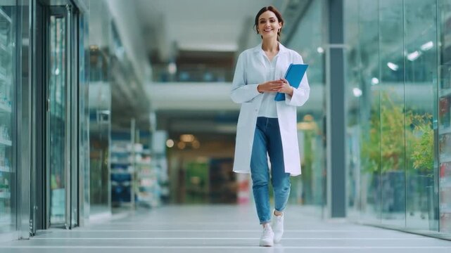 Medical Professional Strolling Through Modern Facility: A focused and competent healthcare professional strolls confidently down the corridor of a modern medical facility.