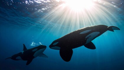 Deep blue ocean underwater scene featuring a shark and diver swimming near a marine reef with fish and wildlife silhouettes in the deep sea