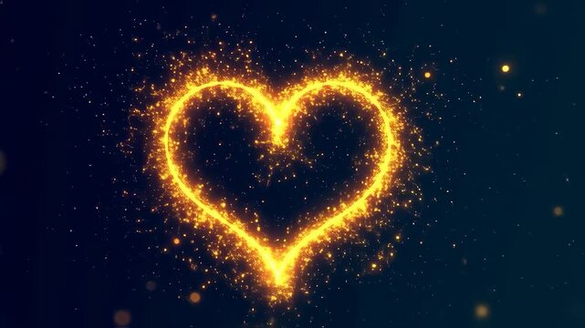 A glowing heart shape formed from golden particles on a dark blue/black background