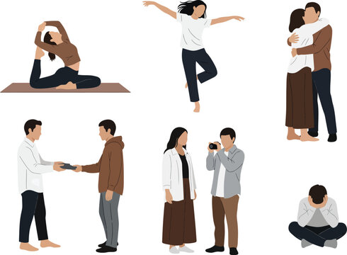 Diverse Collection of Minimalist Human Characters Illustrating Yoga Poses Relationships and Daily Life