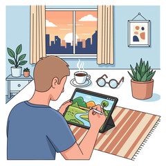 Obraz premium Artist drawing landscape on tablet at home, sunset view from window