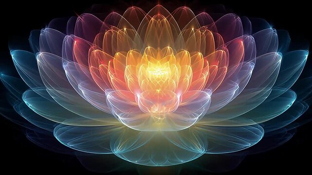 Spiritual flower spinning in neon colors concept. A vibrant, glowing lotus mandala radiating energy and tranquility.