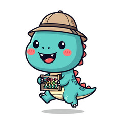 Obraz premium Cute dinosaur explorer holding an ancient artifact with a safari hat