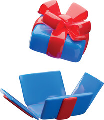3D open blue gift box with red ribbon bow vector icon, realistic festive present surprise unbox celebration package