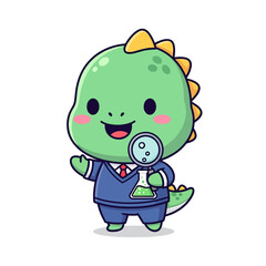Obraz premium Adorable cartoon dinosaur scientist with a lab coat and magnifying glass