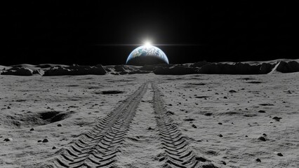 Tire tracks on lunar surface leading toward planet
