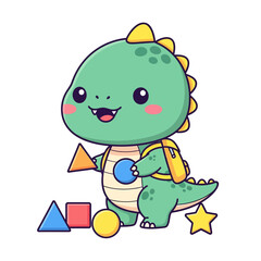 Obraz premium Adorable cartoon dinosaur carrying toys and backpack with colorful geometric