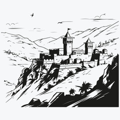 Obraz premium Fortress in mountains sketch illustration vector