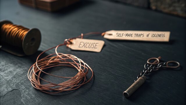 Tangled Copper Wire with 'Excuse' Label on Dark Surface