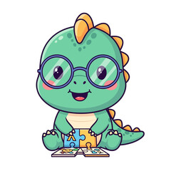 Fototapeta premium Adorable cartoon dinosaur with glasses engaging with educational puzzle