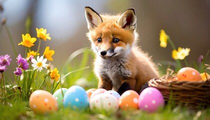 Adorable Fox Cub Surrounded by Colorful Easter Eggs in Blooming Meadow