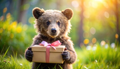 Adorable Bear Cub Holding a Gift Box in a Lush Forest