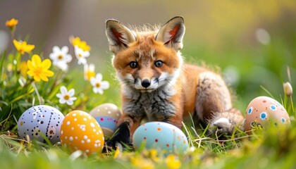 Adorable Fox Cub Surrounded by Colorful Easter Eggs in Blooming Meadow