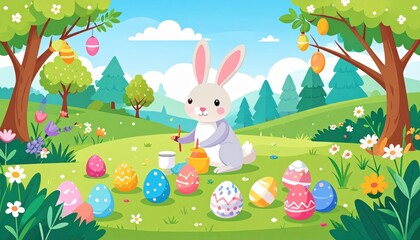 Cute Bunny Painting Colorful Easter Eggs in a Spring Landscape