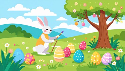 Whimsical Easter Bunny Painting Colorful Eggs in a Sunny Meadow