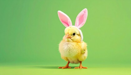 Adorable Chick Wearing Bunny Ears on Vibrant Green Background
